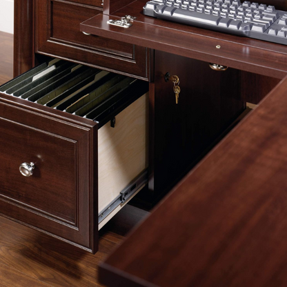 Cherry finish L-shaped computer desk with 4 drawers and adjustable features for home office