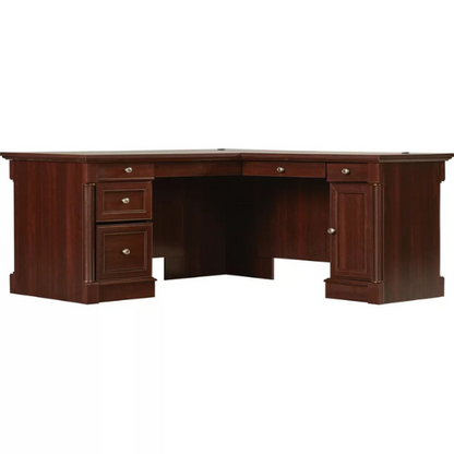 Cherry finish L-shaped computer desk with 4 drawers and adjustable features for home office