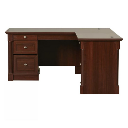 Cherry finish L-shaped computer desk with 4 drawers and adjustable features for home office