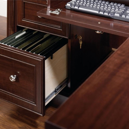 Cherry finish L-shaped computer desk with 4 drawers and adjustable features for home office