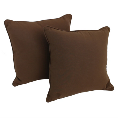 Set of two chocolate brown square throw pillows with piped edges and hidden zipper, perfect for rustic, transitional, or modern indoor décor

