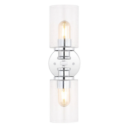 Polished chrome wall sconce with dual clear seeded glass cylinder shades and Edison-style LED bulbs, ideal for modern bathrooms or entryways

