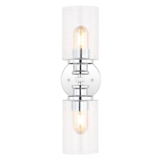 Polished chrome wall sconce with dual clear seeded glass cylinder shades and Edison-style LED bulbs, ideal for modern bathrooms or entryways

