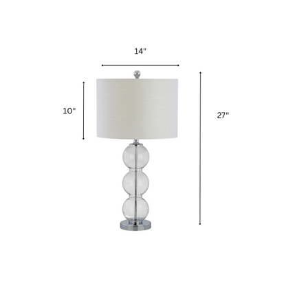 Set of 2 clear glass table lamps with triple-sphere design, polished silver accents, and white linen drum shades – elegant lighting for bedroom, living room, or office

