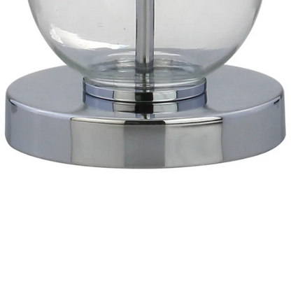 Set of 2 clear glass table lamps with triple-sphere design, polished silver accents, and white linen drum shades – elegant lighting for bedroom, living room, or office

