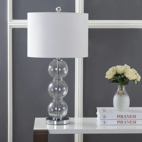 Set of 2 clear glass table lamps with triple-sphere design, polished silver accents, and white linen drum shades – elegant lighting for bedroom, living room, or office

