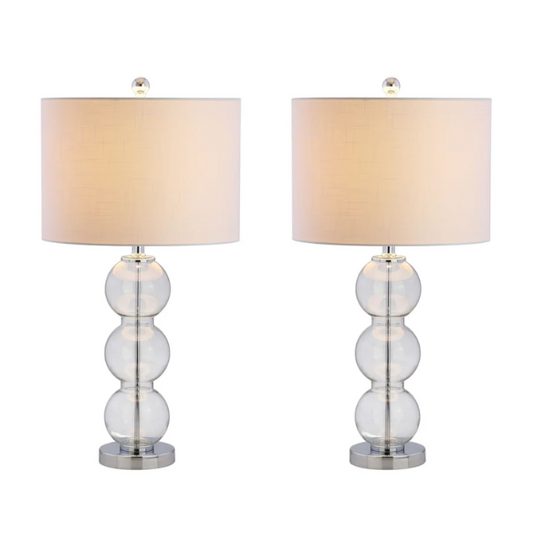 Set of 2 clear glass table lamps with triple-sphere design, polished silver accents, and white linen drum shades – elegant lighting for bedroom, living room, or office

