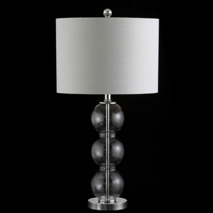 Set of 2 clear glass table lamps with triple-sphere design, polished silver accents, and white linen drum shades – elegant lighting for bedroom, living room, or office

