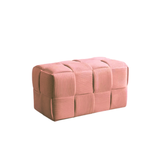 Blush velvet ottoman with modern cube design and durable wood frame.