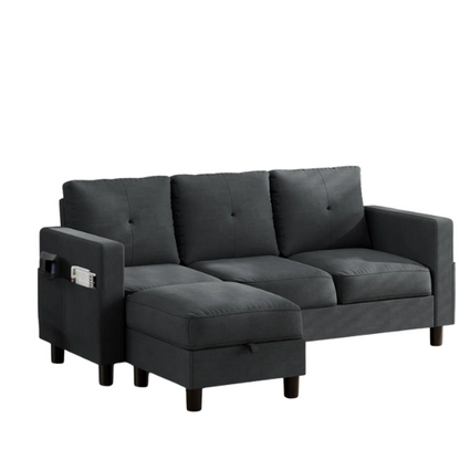 Modern L-shaped sectional sofa in textured polyester blend with built-in storage ottoman, square arms, and stain-resistant fabric.

