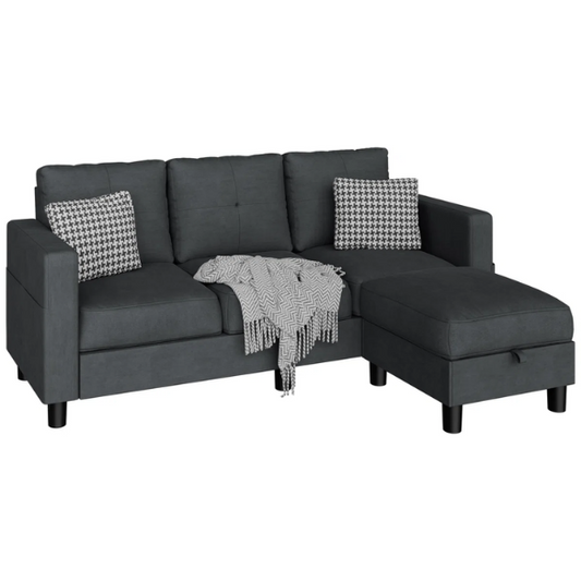 Modern L-shaped sectional sofa in textured polyester blend with built-in storage ottoman, square arms, and stain-resistant fabric.

