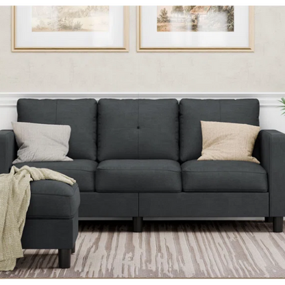 Modern L-shaped sectional sofa in textured polyester blend with built-in storage ottoman, square arms, and stain-resistant fabric.

