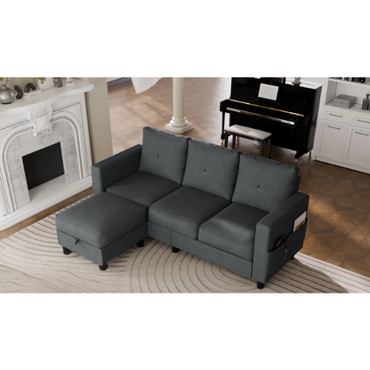 Modern L-shaped sectional sofa in textured polyester blend with built-in storage ottoman, square arms, and stain-resistant fabric.

