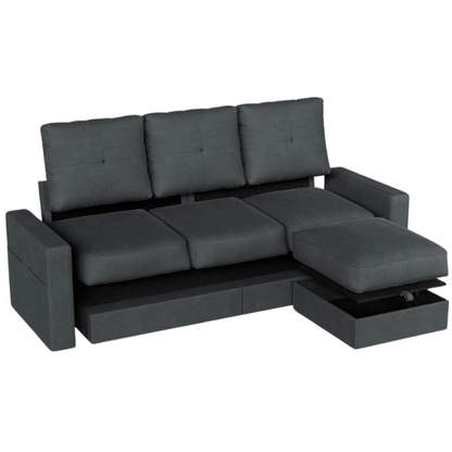 Modern L-shaped sectional sofa in textured polyester blend with built-in storage ottoman, square arms, and stain-resistant fabric.

