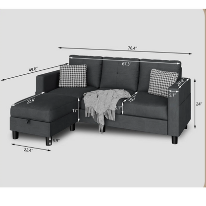 Modern L-shaped sectional sofa in textured polyester blend with built-in storage ottoman, square arms, and stain-resistant fabric.

