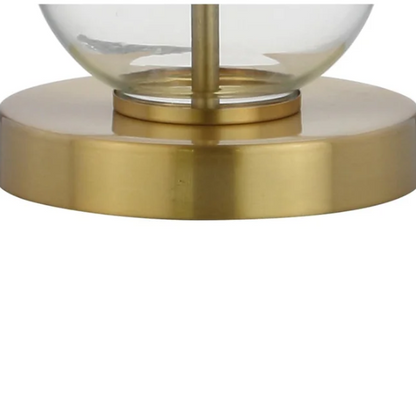 Set of 2 contemporary table lamps with clear glass triple-sphere base, gold accents, and white linen drum shade – modern glam bedside or living room lighting

