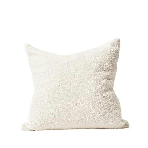 Cozy beige boucle throw pillow cover in modern solid design, made of polyester and acrylic blend, perfect for living room or bedroom decor.