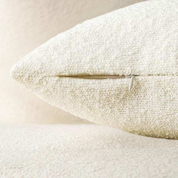 Cozy beige boucle throw pillow cover in modern solid design, made of polyester and acrylic blend, perfect for living room or bedroom decor.