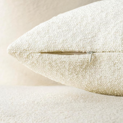 Cozy beige boucle throw pillow cover in modern solid design, made of polyester and acrylic blend, perfect for living room or bedroom decor.