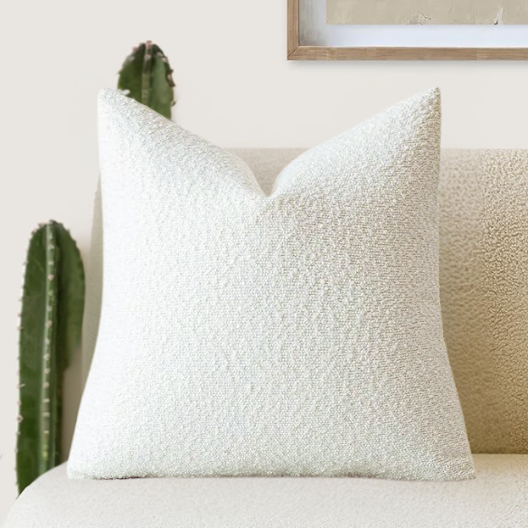 Cozy white boucle throw pillow cover with modern solid design, made from polyester and acrylic, perfect for living room or bedroom decor.