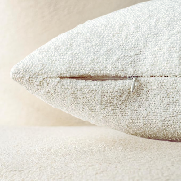 Cozy white boucle throw pillow cover with modern solid design, made from polyester and acrylic, perfect for living room or bedroom decor.