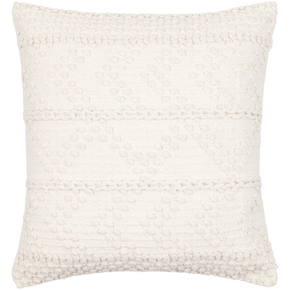 Cream handwoven boho throw pillow with chevron texture on a modern neutral-toned sofa

