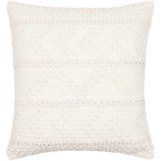 Cream handwoven boho throw pillow with chevron texture on a modern neutral-toned sofa

