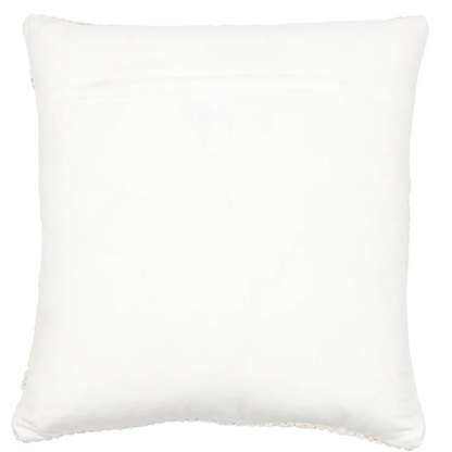 Cream handwoven boho throw pillow with chevron texture on a modern neutral-toned sofa

