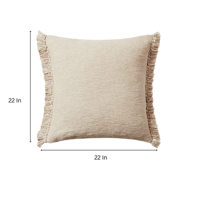 Cream cotton blend throw pillow with fringe, 22x22 square cushion, styled on a modern sofa for soft, neutral home decor.

