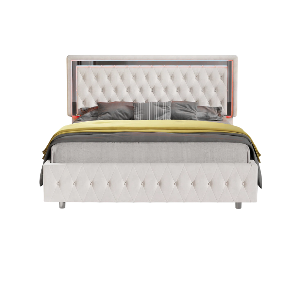 Cream velvet full size platform bed with LED lighted tufted headboard and mirror accents, featuring modern style and underbed clearance.

