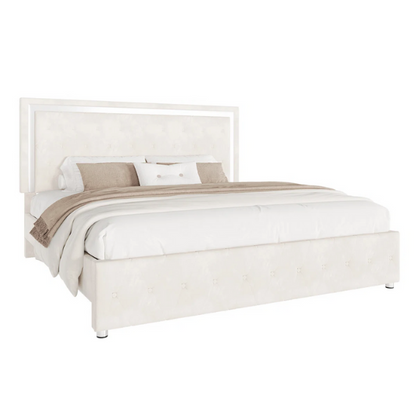 Cream velvet full size platform bed with LED lighted tufted headboard and mirror accents, featuring modern style and underbed clearance.


