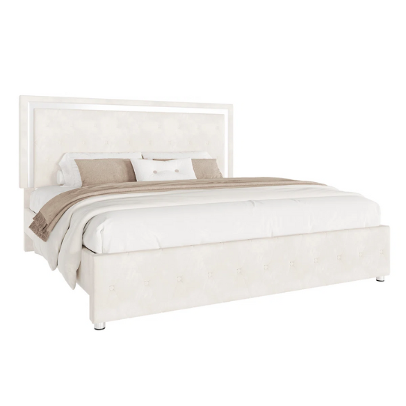 Cream velvet full size platform bed with LED lighted tufted headboard and mirror accents, featuring modern style and underbed clearance.

