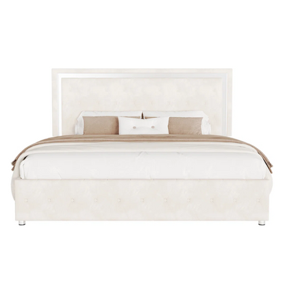 Cream velvet full size platform bed with LED lighted tufted headboard and mirror accents, featuring modern style and underbed clearance.

