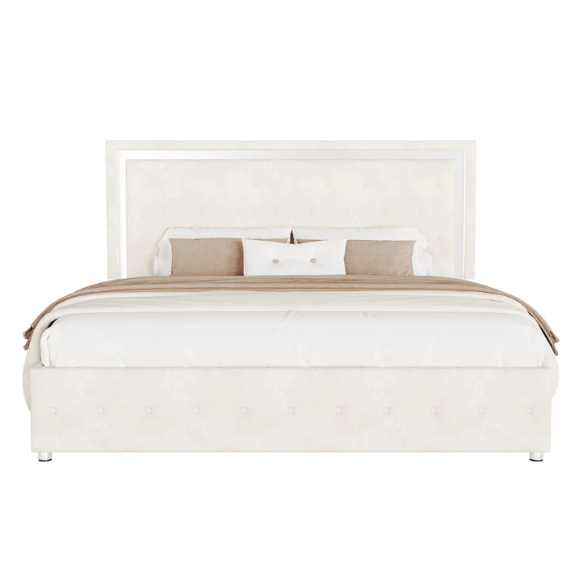 Cream velvet full size platform bed with LED lighted tufted headboard and mirror accents, featuring modern style and underbed clearance.

