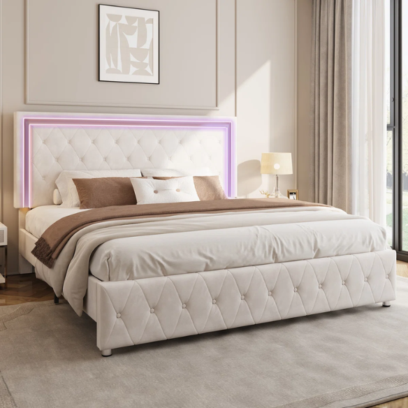 Cream velvet full size platform bed with LED lighted tufted headboard and mirror accents, featuring modern style and underbed clearance.

