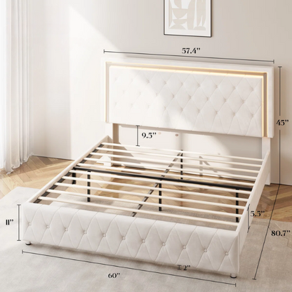 Cream velvet full size platform bed with LED lighted tufted headboard and mirror accents, featuring modern style and underbed clearance.

