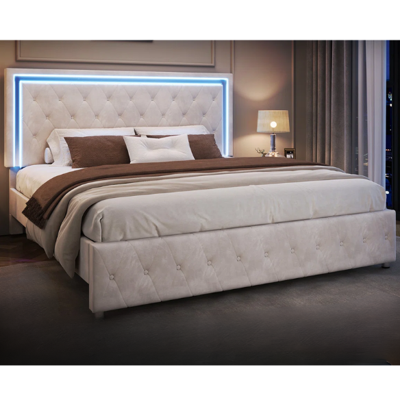 Cream velvet full size platform bed with LED lighted tufted headboard and mirror accents, featuring modern style and underbed clearance.

