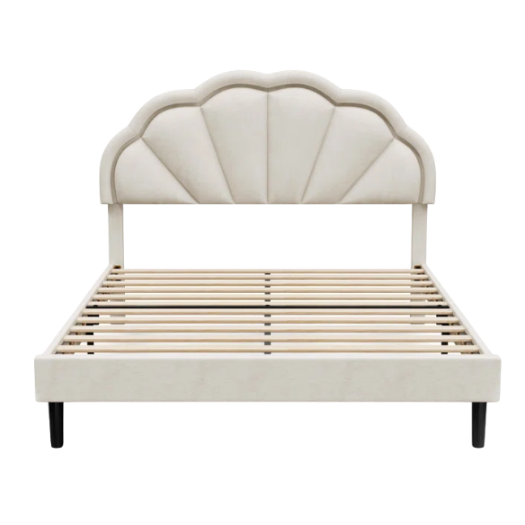 Full-size cream velvet platform bed with flower-shaped LED headboard and adjustable height