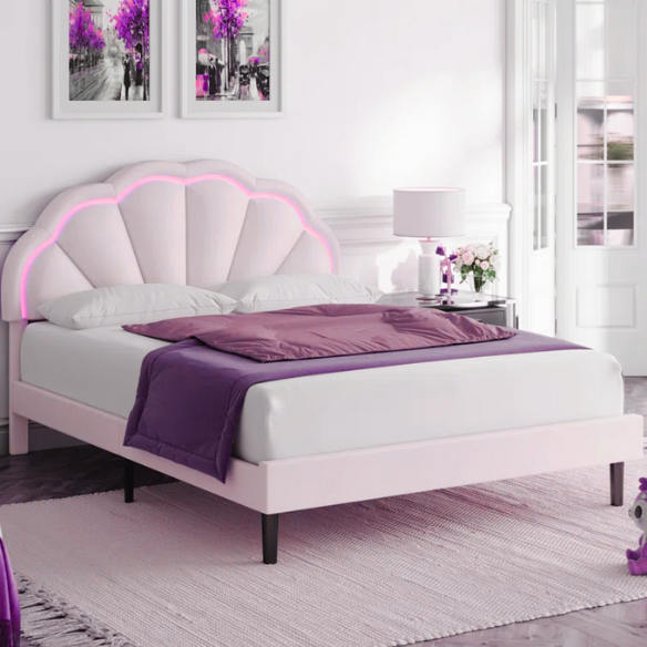 Full-size cream velvet platform bed with flower-shaped LED headboard and adjustable height