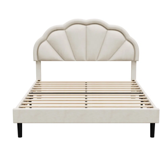 Full-size cream velvet platform bed with flower-shaped LED headboard and adjustable height