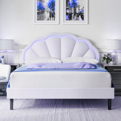 Full-size cream velvet platform bed with flower-shaped LED headboard and adjustable height