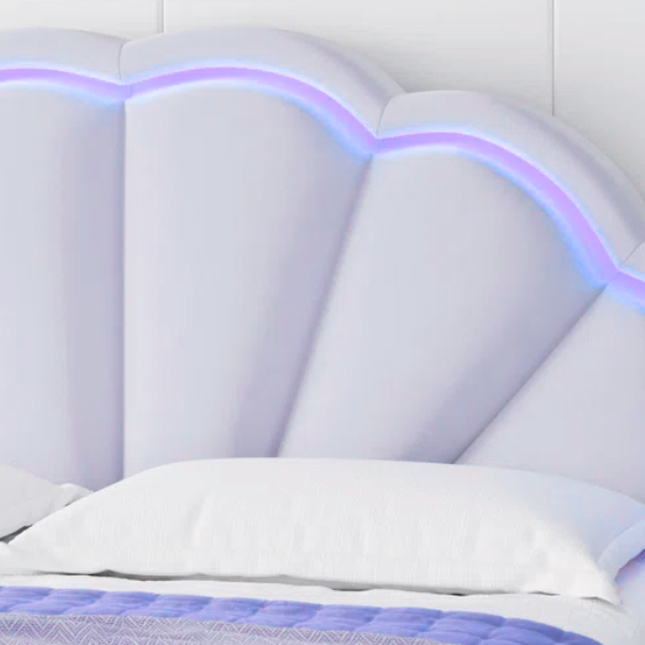 Full-size cream velvet platform bed with flower-shaped LED headboard and adjustable height