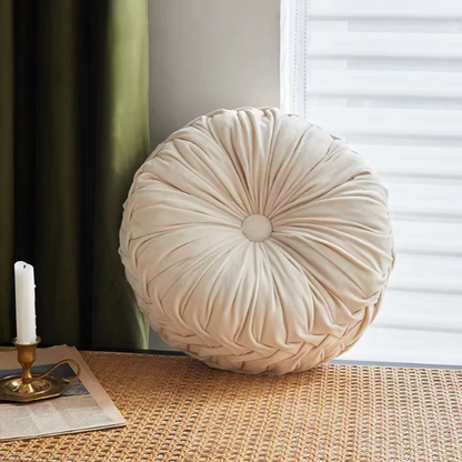 Cream Velvet Round Throw Pillow with Ribbed Edges – Elegant Decorative Cushion for Home Décor