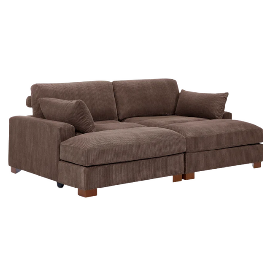 Dark brown corduroy convertible sleeper sofa with adjustable headrest, twin bed functionality, and mid-century wooden legs