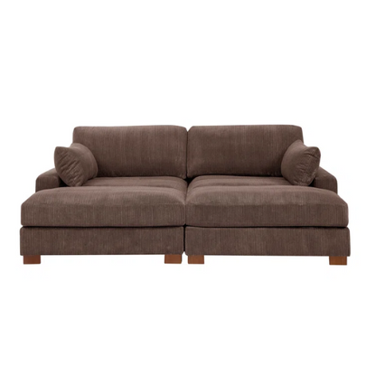 Dark brown corduroy convertible sleeper sofa with adjustable headrest, twin bed functionality, and mid-century wooden legs