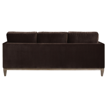 Dark brown velvet 3-seater sofa with feather-down cushions, square track arms, and natural wood legs, perfect for modern or traditional interiors.

