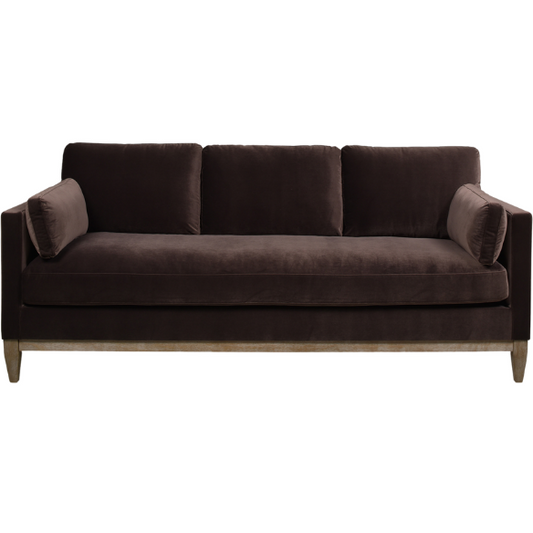 Dark brown velvet 3-seater sofa with feather-down cushions, square track arms, and natural wood legs, perfect for modern or traditional interiors.

