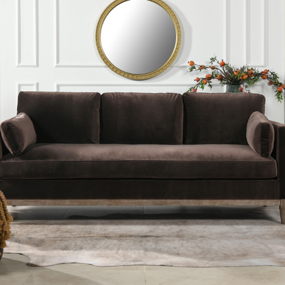 Dark brown velvet 3-seater sofa with feather-down cushions, square track arms, and natural wood legs, perfect for modern or traditional interiors.

