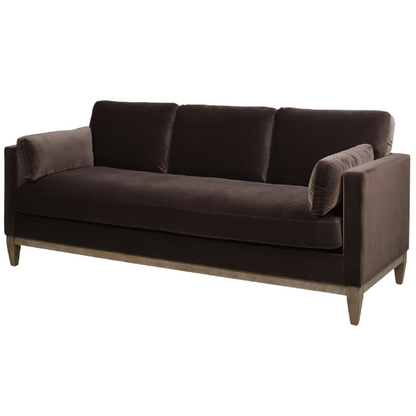 Dark brown velvet 3-seater sofa with feather-down cushions, square track arms, and natural wood legs, perfect for modern or traditional interiors.


