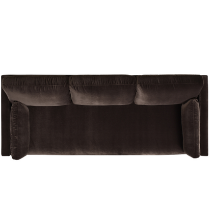 Dark brown velvet 3-seater sofa with feather-down cushions, square track arms, and natural wood legs, perfect for modern or traditional interiors.


